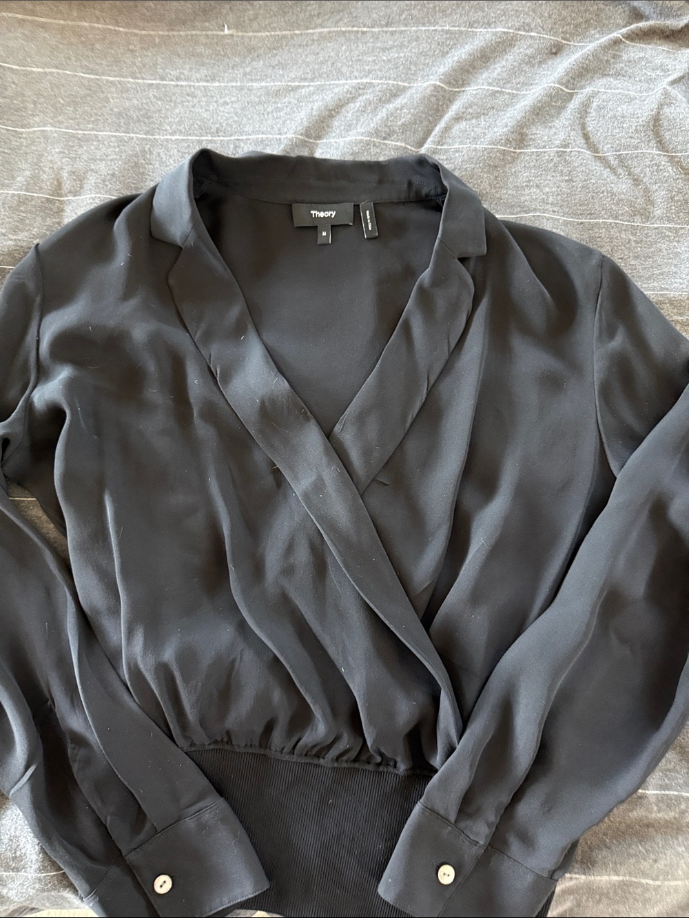 Theory Black Draped Wrap Top with Button Cuffs